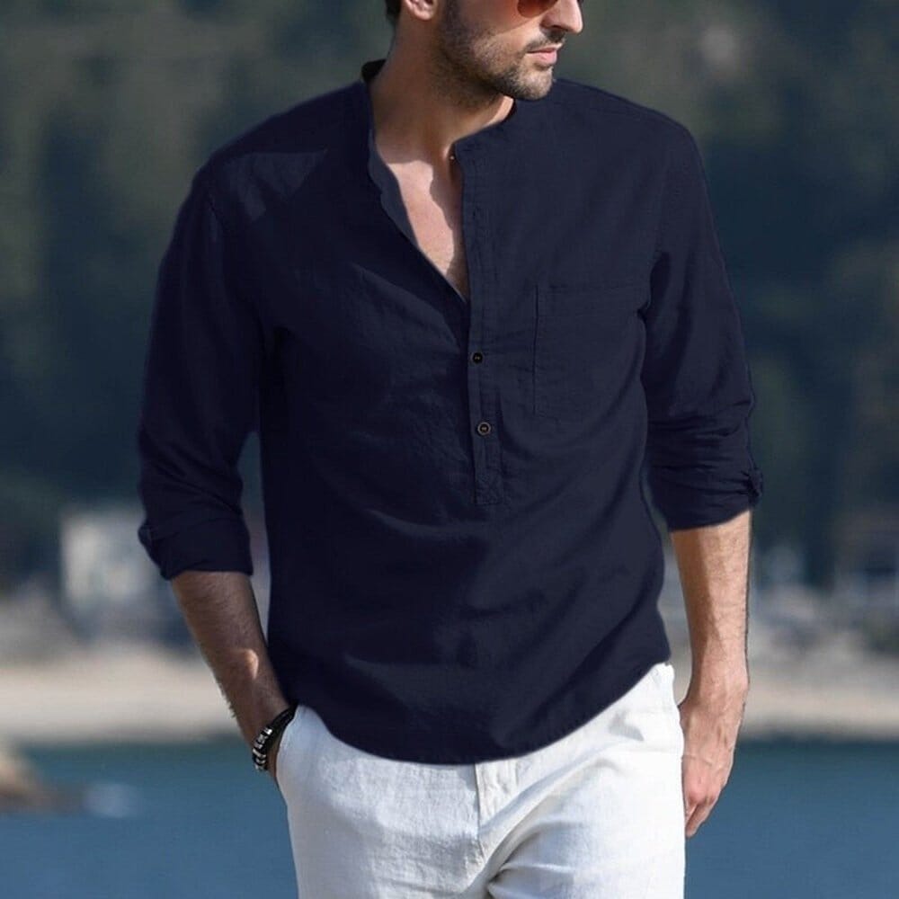 Camisa de Linho Premium Summer Camisa de Linho Premium Summer Nous Moda Masculina Azul Marinho P