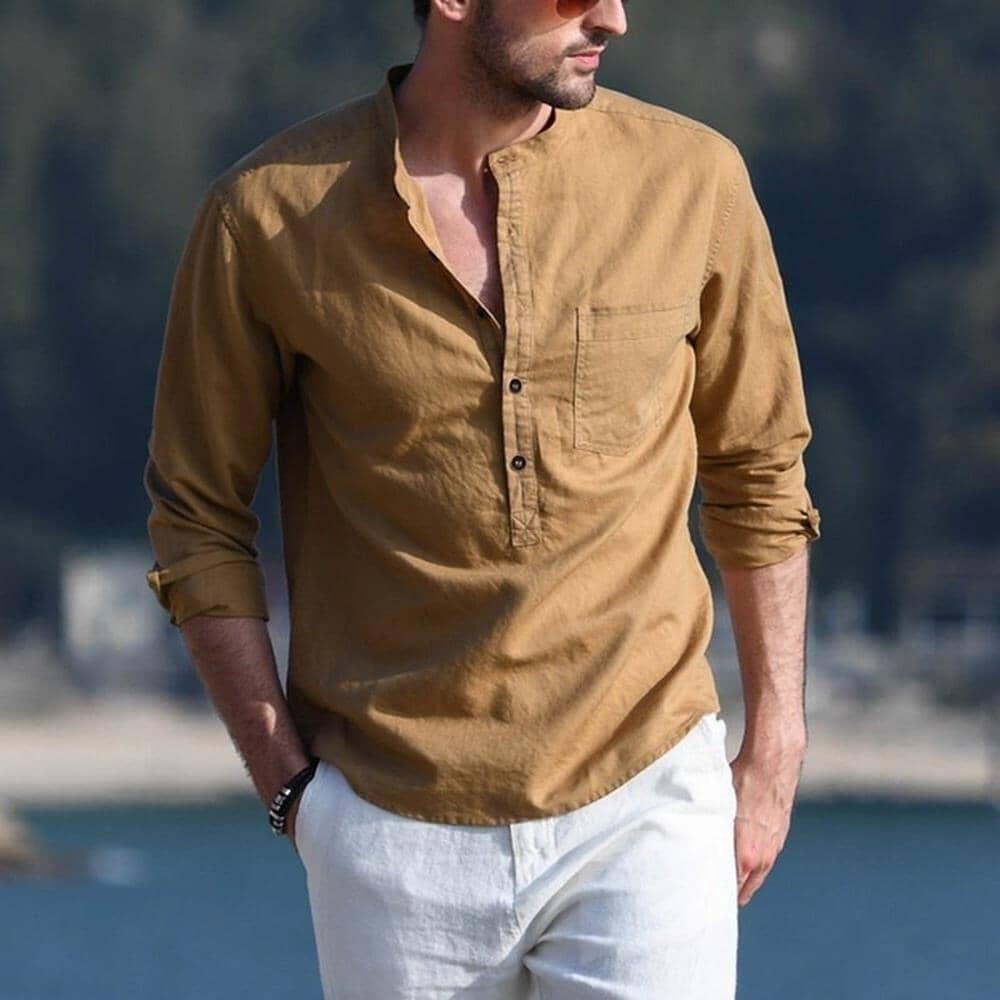 Camisa de Linho Premium Summer Camisa de Linho Premium Summer Nous Moda Masculina Caqui P