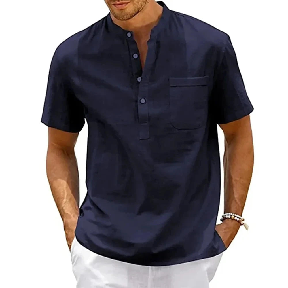 Camisa de Linho Vintage Elegant Camisa de Linho Vintage Elegant Nous Moda Masculina Azul Escuro M
